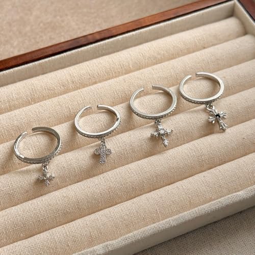 Dangle Little Cross Cubic Zirconia Ring for Women Dainty Crystal Faith Adjustable Open Stacking Promise Eternity Thin Rings Comfort Fit Fashion Wedding Engagement Band Cute Religion Protection Jewelry