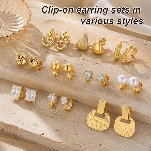 Mikovivi 10 Pairs Gold-Tone Clip On Earrings for Women, Non Pierced No Piercing Ear Clips with Knot CZ & Pearl Twist Design Chunky Hoop Studs Clip Earrings for Women Daily Work or Party Jewelry Gift