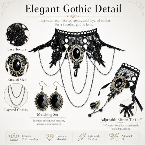 YANCHUN Halloween Gothic Jewelry Set Vampire Accessories Black Choker Necklace Bracelet Earrings Set Witch Cosplay Halloween Costume Accessories - color: 3pcs-Black