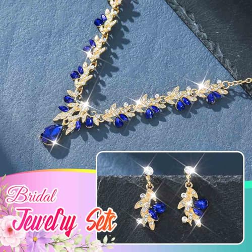Rhinestone Bridal Wedding Jewelry Sets Gold Necklace Earrings Set Leaf Prom Formal Costume Jewelry Set for Women and Brides - color: Blue