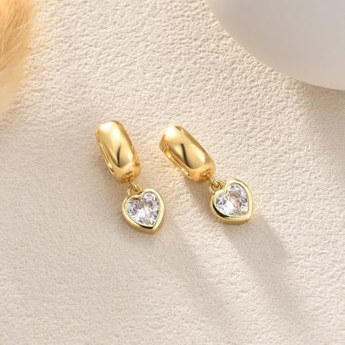Gold Chunky Dangle Earrings for Women, Bezel Set Cubic Zirconia Charm | 14K Gold Silver Plated, Statement Huggie Hoops Drop Earrings, Trendy Jewelry Gifts, High Grade CZ, Hypoallergenic Lightweight - color: GD-Heart CZ Hoop