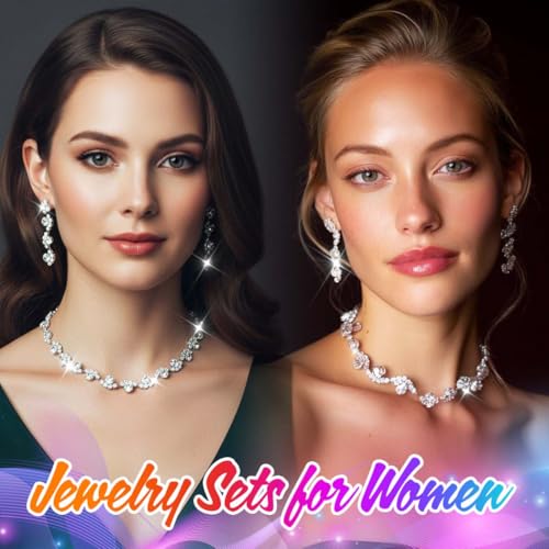 Bride Silver Necklace Earrings Set Crystal Bridal Wedding Jewelry Set Rhinestone Choker Necklace for Women and Brides - color: Red