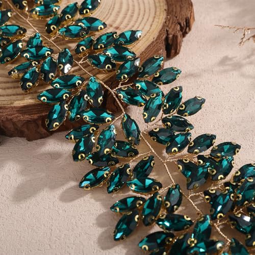 Missgrace Women Silver Green Black Red Blue Handmade Full Crystal Rhinestone Large Headband Hair Vine Shinny Headpiece Bridal Wedding Hair Accessories for Women (Peacock green) - color: Peacock green