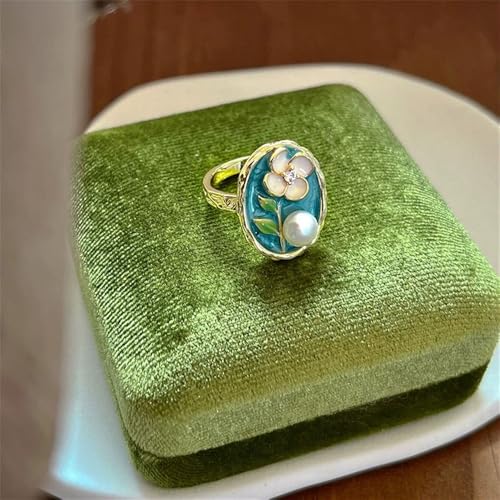Fashion Enamel Flower Pearl Open Rings For Women 14k Gold-Tone Plated Vintage Floral Leaf Unique Finger Band Stackable Wedding Ring Adjustable Cocktail Party Statement Jewelry Gifts Mother Day Birthday