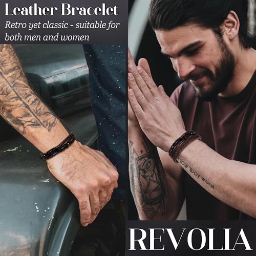 REVOLIA 3Pcs Black Leather Bracelets for Men Women Braided Leather Wristband Cuff Bracelets Multi-Layer Braided Leather Bracelets Set 7.5-9 Inches - color: Brown