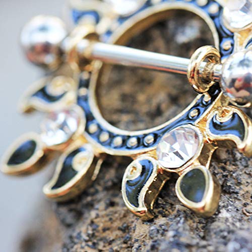 Gold Plated Jeweled Flaming Sun Nipple Shield