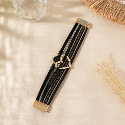 Rantanto Leather Wrap Bracelets For Women Gold Twist Lock Buckle Wrist Cuff | PU leather,Skin-friendly,Boho Stackable Wristband,Fashion Daily Jewelry,Trend Casual Party Bangle,Fit For Birthday, Holiday - color: Heart Black