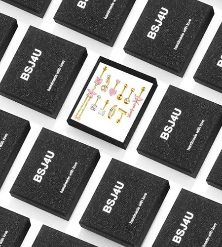 BSJ4U Gold Silver Belly Button Ring Belly Rings for Women Belly Button Piercing 14G Surgical Stainless Steel Dangle Flower Pink Heart Opal Navel Belly Piercing Jewelry Clicker Belly Button Jewelry
