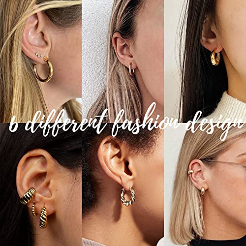 Gold Hoop Earrings Set for Women, 6 Pairs 14K Gold Plated Lightweight Hypoallergenic Chunky Open Twisted Hoops Earrings Pack Jewelry - color: Gold Classic