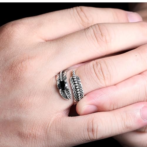 AVECON S925 Sterling Silver Turquoise/Labradorite/Just Breathe/Onyx Rings | Hypoallergenic Adjustable Open Feather Gift Women Men Thumb Spoon Statement Western Band Jewelry for Anniversary - color: Black Onyx