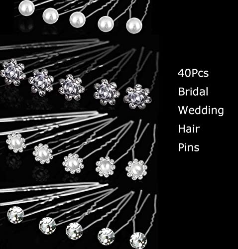 40Pcs Bridal Wedding Hair Pins, BetterJonny Crystal Pearl Flower Hair Barrettes U-Shape Hair Clips for Wedding Prom Bride Bridesmaid Women Girls