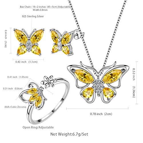 Aurora Tears Butterfly Jewelry,Women 925 Sterling Silver Butterflies Birthstone Pendant Necklace/Earrings/Rings Wedding Gift - color: K.November-set 2