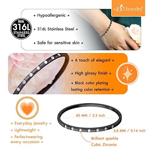 555Jewelry Stainless Steel Thin CZ Cuff Hinged Bangle Bracelet for Women - color: Black