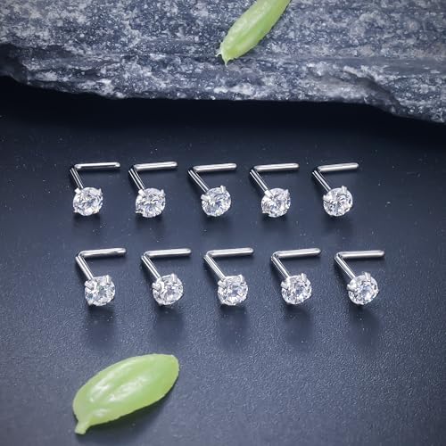 ASTM F136 Titanium Nose Rings 18G 20G 22G Clear Cubic Zirconia Nose Studs Ring Screw L-Shaped Bone Hypoallergenic Body Piercing Jewelry for Women 1.5mm 2mm 2.5mm 3mm 10PCS - style: L-Shaped:18G(1.0mm)-3mm CZ
