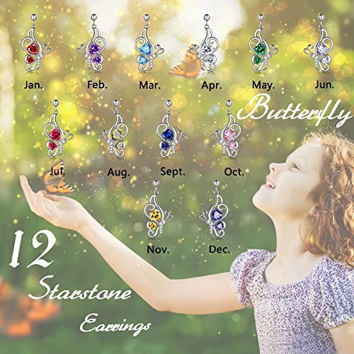 Butterfly Heart Necklace Birthstone Pendant Necklace Earrings Bracelet Women 925 Sterling Silver Animal Butterflies Birthstone Pendant Crystal Birthday Jewelry Wedding Gift - color: G.July-earrings