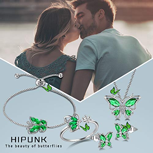 925 Sterling Silver Birthstone Butterfly Jewelry Women Crystal Animal Cute Butterflies Birthday Necklace/Earring/Ring/Bracelet Sets Birth Stone Statement Anniversary Jewellery - color: 3-E.May-Emerald