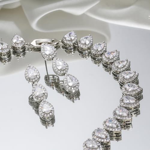 EleQueen Women's Silver-Tone Full Prong Cubic Zirconia Teardrop Bridal Necklace Earrings Set - color: 02-Clear
