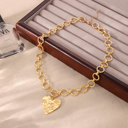 Carffordo Gold Cross Necklaces for Women, Chunky 14K Gold Plated Necklace | Statement Cross Pendant Necklace with Toggle Clasp, Hypoallergenic Waterproof Bold Chain, Trendy Charm Jewelry Gift for Her - color: heart