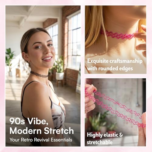 PAGOW Tattoo Choker Set, Stretchy 90s Choker Necklace, Adjustable Retro Y2K Gothic Grunge Chokers Jewelry Accessories - color: Black,Clear,Pink,12Pcs