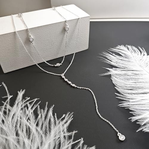 Zeffy Lariat Gold Necklace for Women, Dainty Long Necklace 14k Gold/Silver Plated Layered CZ Beaded Bar Chain Y-Shaped Body Chain Stack Drop Wedding Necklace Trendy Simple Gold Jewelry Gifts - color: Silver CZ Layered Y Necklace(2PCS)