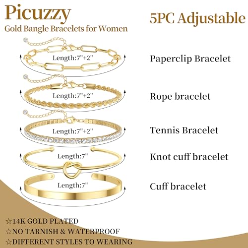 14K Gold Plated Stackable Bangle Bracelets Set for Women | Cuff Bracelet Stackable Bangles Bracelet for Women Trendy Fashion Accessories Tie Knot Cuban Rope Paperclip Beaded Bracelets - color: 5-layer B GD