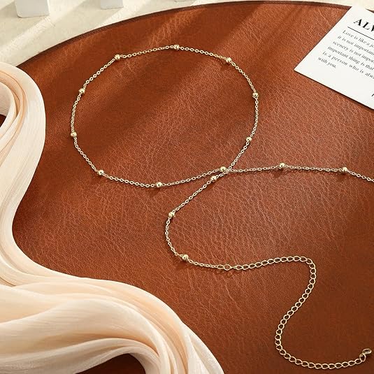 14K Gold Waist Chain for Women, Plated Layered Belly Chain for The Waist Adjustable Waterproof Sexy Bikini Satellite Beads Chain Summer Non Tarnish Body Chain Jewelry Gifts for Women - color: SINGLE