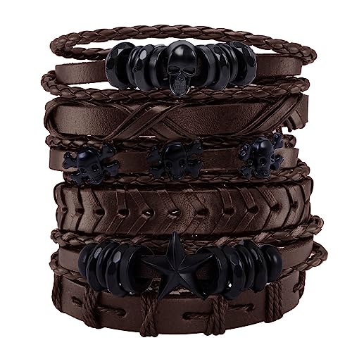 6Pcs Men Braided Leather Bracelet Black Punk Rock Skull Bracelet - color: B: Brown