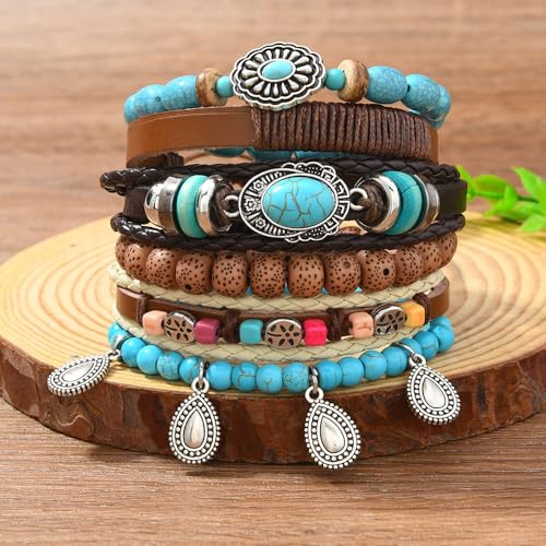 Western Outfits for Women Turquoise Western Bracelets Bohemian Vintage Stackable Beaded Leather Bracelets Adjustable Hand-woven Layered Bracelet Western Country Concert Jewelry for Women - style: Turquoise Teardrop