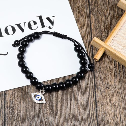 Evil Eye Bracelet for Women Men Natural Stone Beads Handmade Bracelet Inspirational Bracelet with Gift Message Card Kabbalah Protection Good Luck Jewelry Gift - color: Rope Black