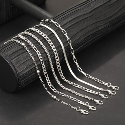 Adjustable Waterproof Layered Bracelets for Women Summer Beach Cuban Link Chain Anklets Set Herringbone Paperclip Beaded Snake Chain Stackable Anklet Stainless Steel Jewelry Bracelet - color: 6PCS-Silver