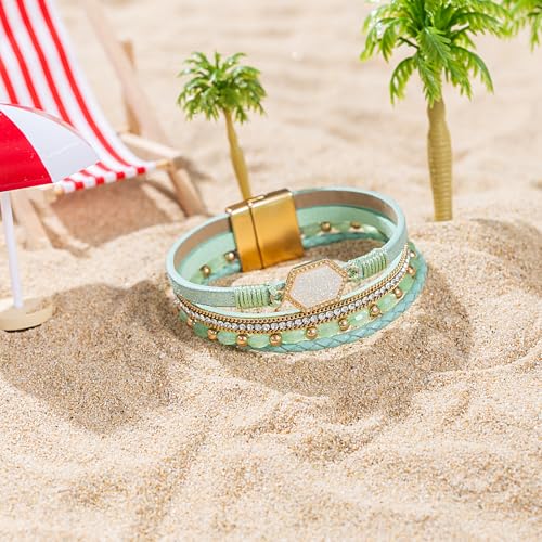 FANCY SHINY Crystal Beaded Leather Wrap Bracelet Stackable Boho Jewelry for Women Resin Stone Bangle Cuff with Magnetic Clasp - color: Green