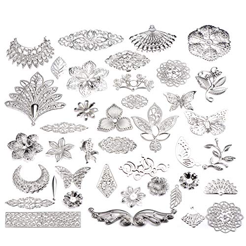 100g Rhodium Plating Filigree Connectors Charms Pendants Findings Iron Metal Embellishments for DIY Hairpin Headwear Earring Jewelry Making, Nickel Free (Rhodium Plating) - color: Rhodium plating