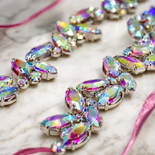 Rhinestone Chain Trim 1 Yard Sew-On Crystal for Wedding Bridal | 90cm long, 1.5cm wide marquise AB crystal bling chain with craft scissors for bridal dress veil cake DIY - color: Rainbow