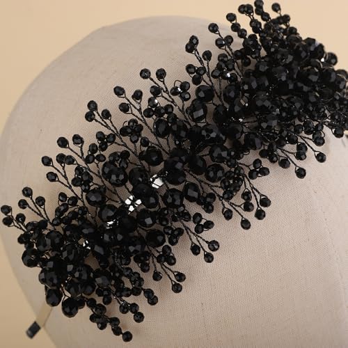 Rhinestones Beads Hair Crown for Wedding Brides Women Tiara Jewelry Handmade Sparkle Hair Piece - color: Black