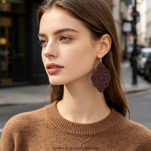 Boho Black Filigree Dangle Earrings for Women, Lightweight Hollow Lace Drop, Wood, 3.34" x 1.69", Bohemian Jewelry - color: Dark Winered