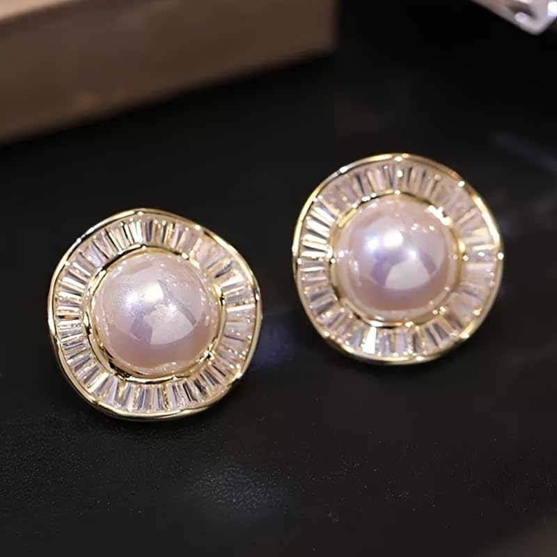 Elegant Inlay Shiny Zirconia Imitation Pearl Earrings for Women Wedding Earring Banquet Vacation Wear Jewelry - color: golden