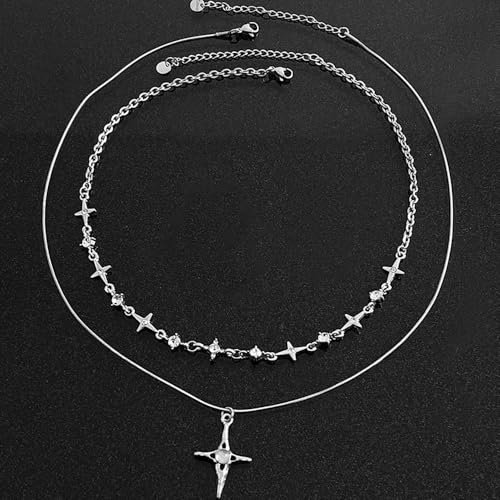 Gothic Cross Star Necklace For Men Women Silver Stainless Steel Cuban Link Paperclip Figaro Bead Chain Punk Kpop Y2k Goth Irregular Layered Cross Pendant Necklace Non Tarnish Jewelry Gift - color: Silver N