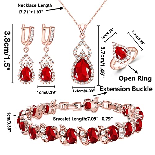 LMXXVJ Women Jewelry Set Platinum Plated Necklace Open Ring Earrings Bracelet Set,Birthday/Anniversary Mother’s Day Jewelry Gifts for Mom/Wife/Sister/Best Friend - color: Rose Gold-Ruby Red