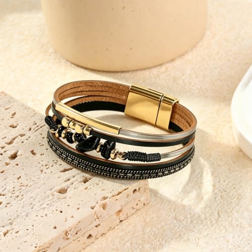 Wrapped Bracelets for Women,Leather Boho Bracelets for Women - color: Stone-Black