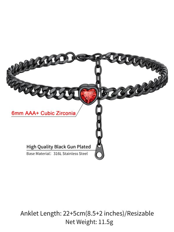 ChainsHouse Cuban Chain Anklets for Women with Heart Birthstone Jan - Dec | Stainless Steel Black Link Chain Ankle Bracelet with Birthstone, Beach Women Anklet 22cm-27cm Adjustable, with Gift Box - color: 07. Jul.-Ruby-Black