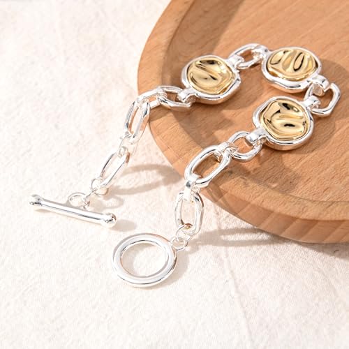 14K Gold & Silver Plated Lightweight Link Bracelet for Women | Stackable Bracelets ,14K Gold Plated Bracelets with CZ,Lightweight Trendy Chain Bracelet Jewelry Gift - style: round&silver chain