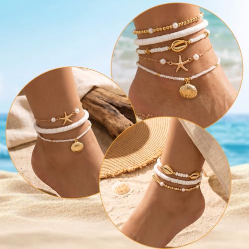 Ouligay 5PCS Shell Ankle Bracelet Set for Women Boho Bead Adjustable Anklet | Beach Bracelets Layered Boho Anklet Cowrie Shell Bracelets Hawaiian Beach Seashell Starfish Foot Jewelry Gifts