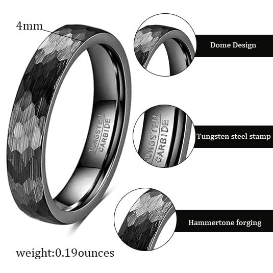 4-6mm Hammered Tungsten Wedding Band Matte for Men and Women | Matte Brushed Finish, Scratch and Fade Resistant, Engraved Faceted Pattern, Dome Profile, 4mm/6mm/8mm, Sizes 6–12 - color: 4mm Hammered Black