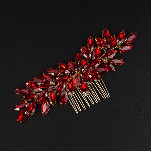 Teyglen Dainty Simple Full Red Rhinestones Bride Wedding Hair Comb Luxurious Hair Accessories Shiny Rhinestones Bridal Side Hair Combs for Women Bride Girls (Red) - color: Red