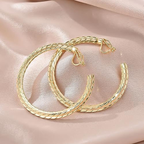 YOQUCOL 5CM(2.0IN) Golden Swingable Clip On Hoop Earrings for Women Non Pierced Ears Hoop Earrings - color: D