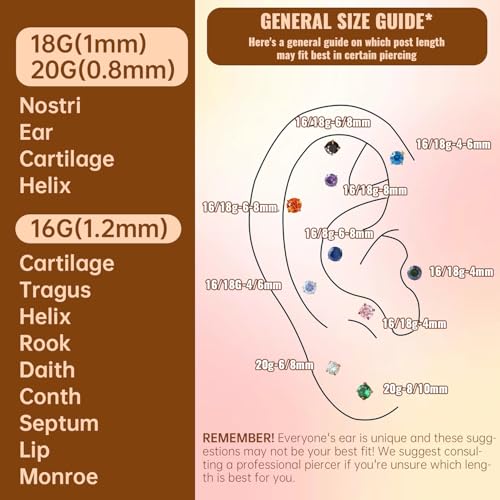 20G Flat Back Earrings Studs 18G Nose Rings 24K Gold Plating 3 Pairs Titanium Threadless 16G Cartilage Earrings for Women Men Tragus Conch Helix Medusa Lip Piercing Jewelry - color: polish clear cz, size: 18G