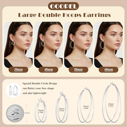 Large Thin Double Hoop Earrings for Women Lightweight Hypoallergenic 925 Sterling Silver Post 14K Gold Hoops Non Tarnish Sturdy Big Thin Double Layered Hoop Earrings 30/40/50/60mm - color: Silver, size: 30mm