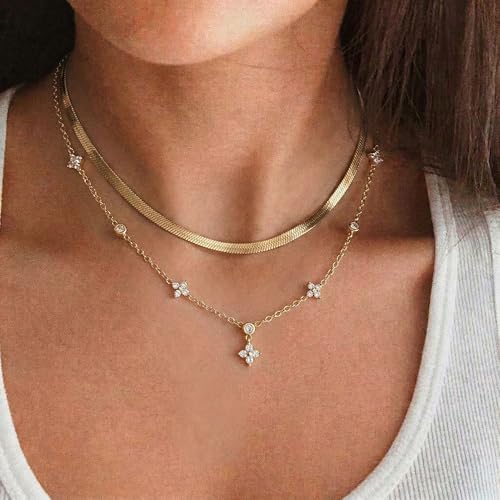 Coolkin 3 PCS Women Gifts Layered Gold Necklace for Women,14K Gold Plated Dainty CZ Pendant Layering Gold Necklaces Set Chain Choker Cubic Zirconia Necklace Trendy Jewelry Gifts - style: Clover CZ