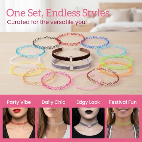 PAGOW Tattoo Choker Set, Stretchy 90s Choker Necklace, Adjustable Retro Y2K Gothic Grunge Chokers Jewelry Accessories - color: 14 Colors,14 Pcs