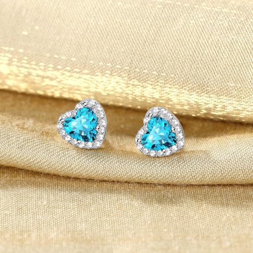 Bestyle Sparkling 925 Sterling Silver Birthstone Stud Earrings for Women, Heart/Round/Teardrop/Square Solitaire Diamond Studs Earrings, Great Birthday/Christmas Gifts - style: 12. Blue Topaz-Dec.-heart